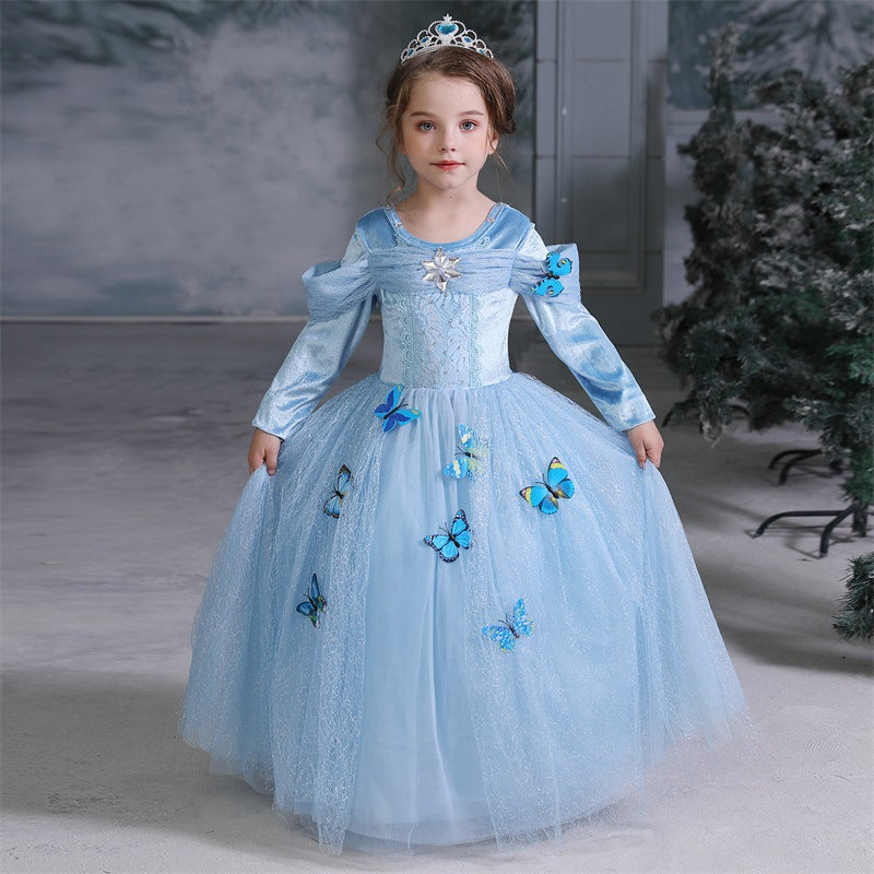 New Cinderella Long Selevee Princess Girls Costume Dresses For Cosplay Party Holiday