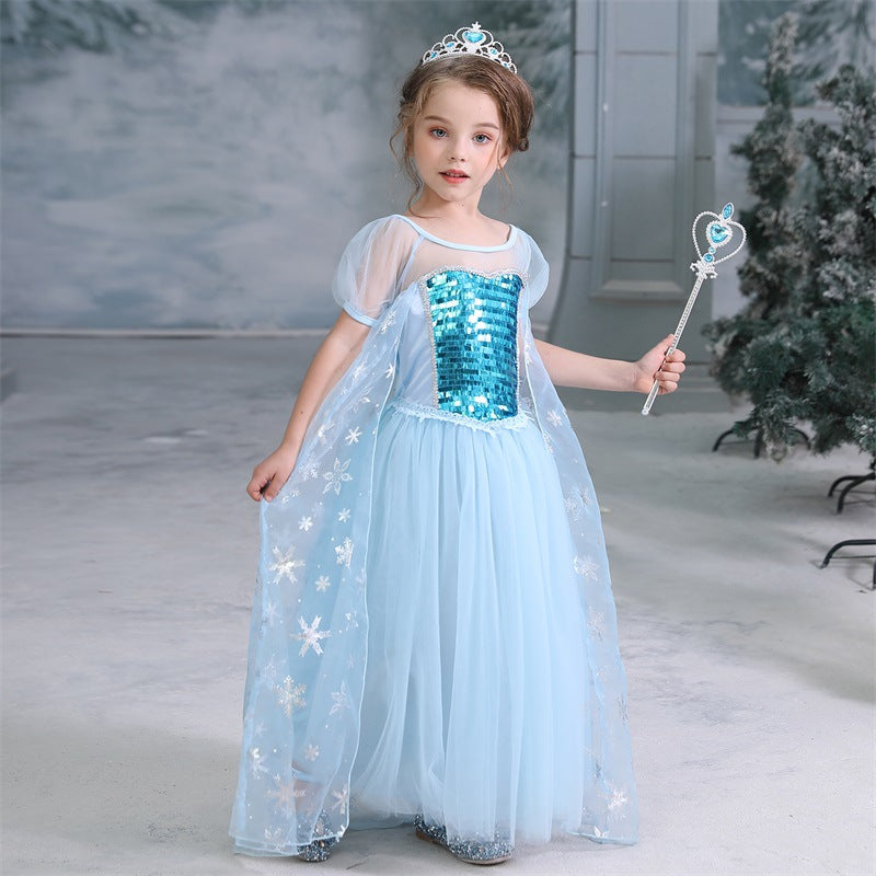 Frozen Elsa Princess Sequins Girls Costume Dresses For Cosplay Party Holiday Fancy Dress
