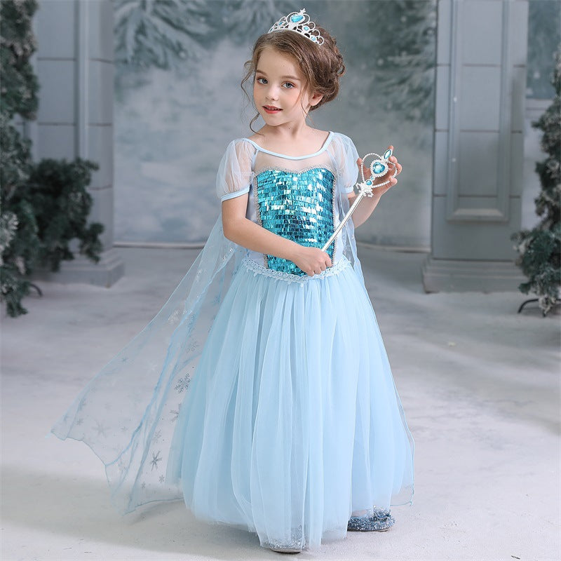 Frozen Elsa Princess Sequins Girls Costume Dresses For Cosplay Party Holiday Fancy Dress