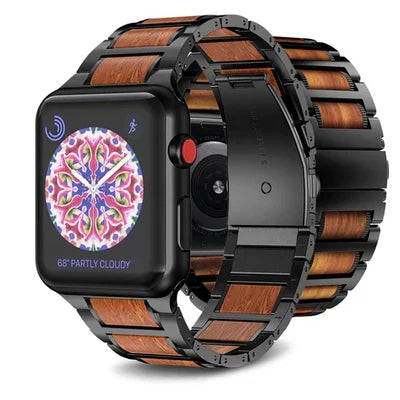 Natural Red Sandalwood & Metal Watch Band