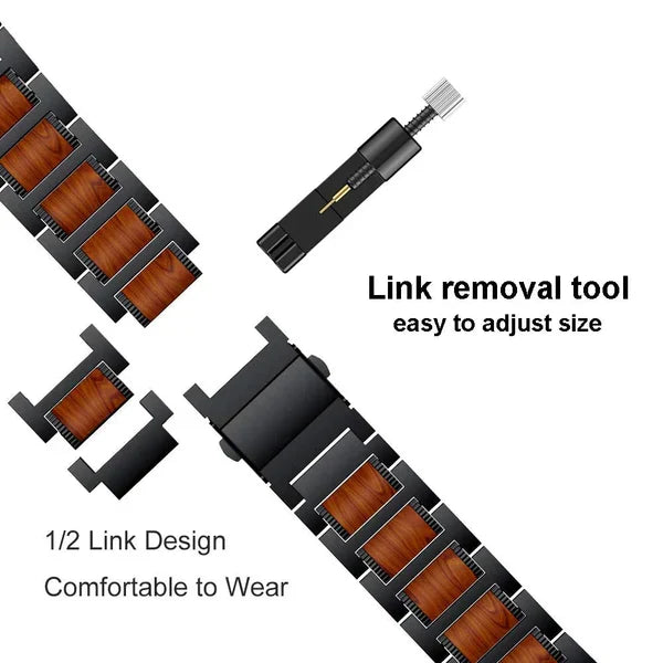 Natural Red Sandalwood & Metal Watch Band