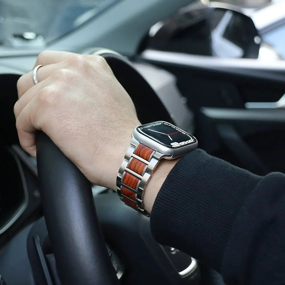 Natural Red Sandalwood & Metal Watch Band