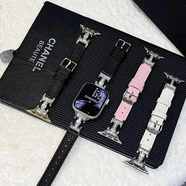 Metal diamond-studded H-mark leather strap