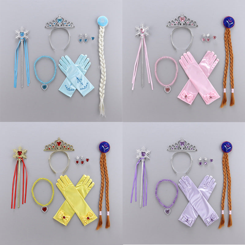 Frozen 2 Princess Dress up Elsa Tiara Crown Wand Wig Gloves Necklace Earrings Ring 9-Pieces Set