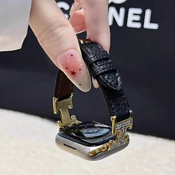 Metal diamond-studded H-mark leather strap