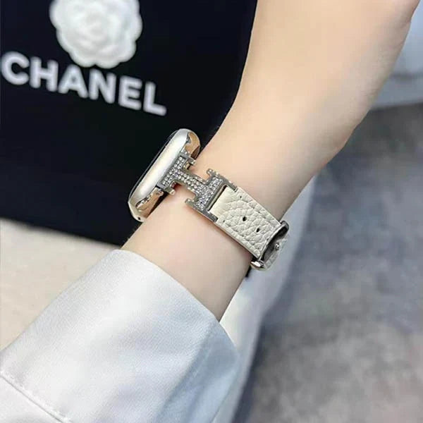 Metal diamond-studded H-mark leather strap
