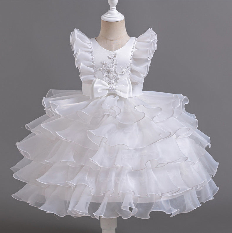 Flower Girl Dress Bow Pearl Wedding Dress  Lace Princess Dress Birthday Costume Party Dress Holiday