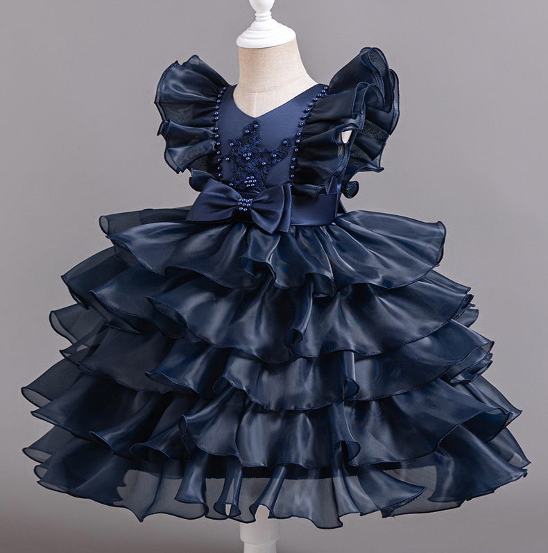 Flower Girl Dress Bow Pearl Wedding Dress  Lace Princess Dress Birthday Costume Party Dress Holiday