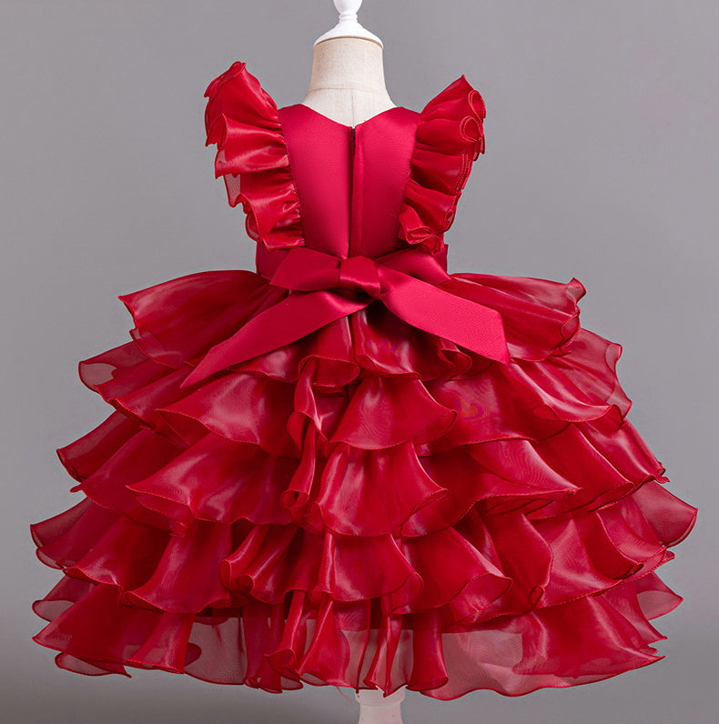 Flower Girl Dress Bow Pearl Wedding Dress  Lace Princess Dress Birthday Costume Party Dress Holiday