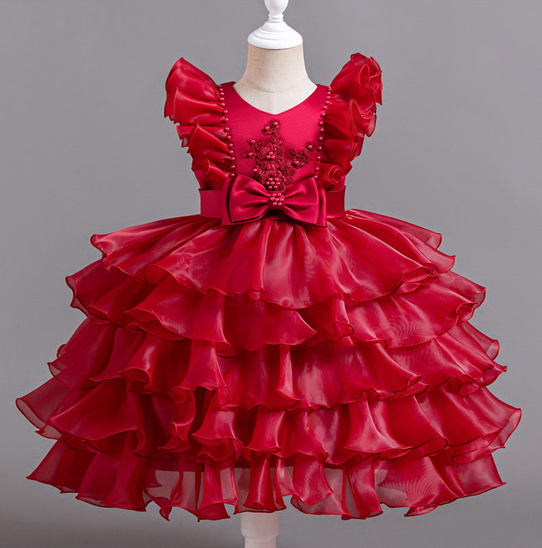 Flower Girl Dress Bow Pearl Wedding Dress  Lace Princess Dress Birthday Costume Party Dress Holiday