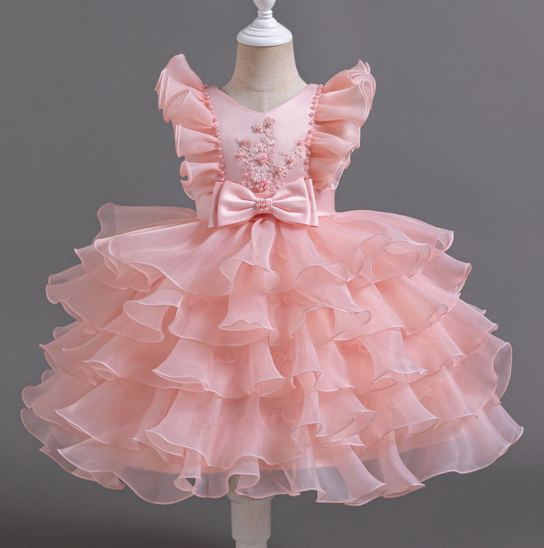 Flower Girl Dress Bow Pearl Wedding Dress  Lace Princess Dress Birthday Costume Party Dress Holiday