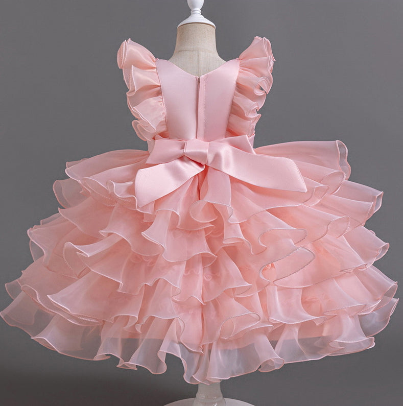 Flower Girl Dress Bow Pearl Wedding Dress  Lace Princess Dress Birthday Costume Party Dress Holiday