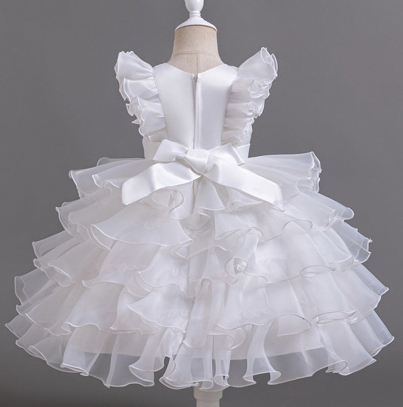 Flower Girl Dress Bow Pearl Wedding Dress  Lace Princess Dress Birthday Costume Party Dress Holiday