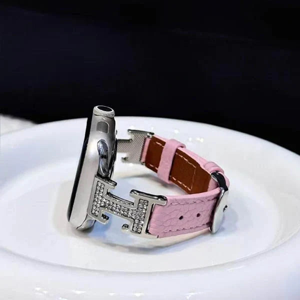 Metal diamond-studded H-mark leather strap
