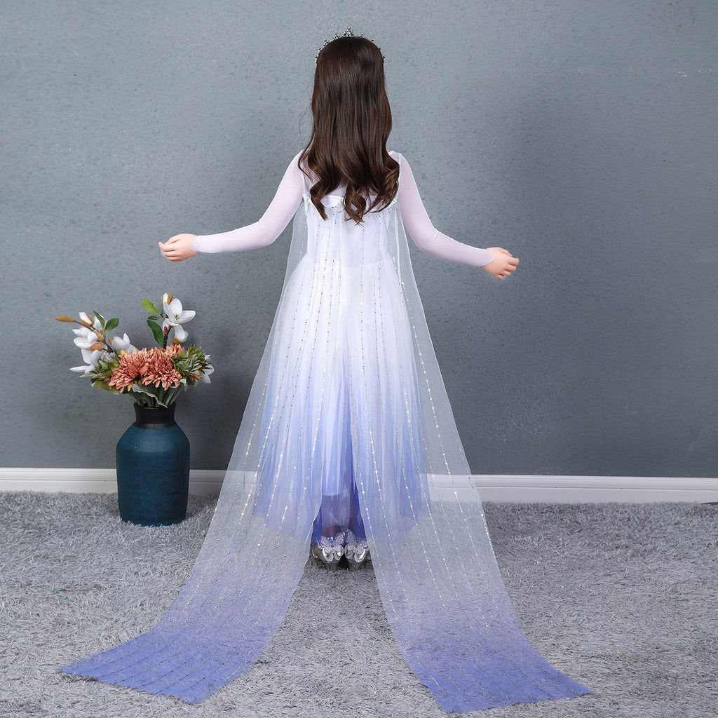 Frozen 2 Girls Elsa Princess Long Sleeve Tulle Cosplay Costume Dresses with Cape For Party Holidays
