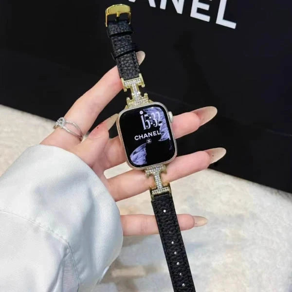 Metal diamond-studded H-mark leather strap