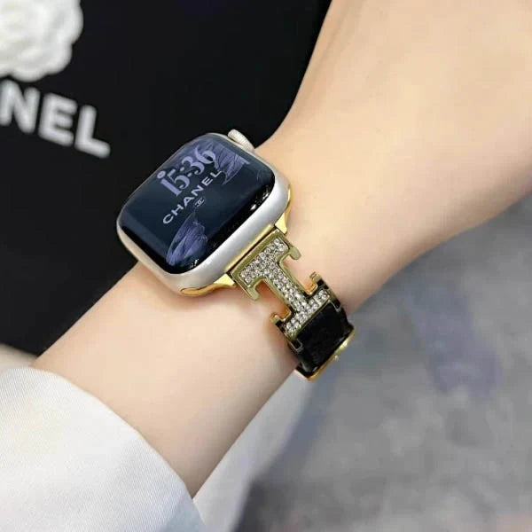 Metal diamond-studded H-mark leather strap