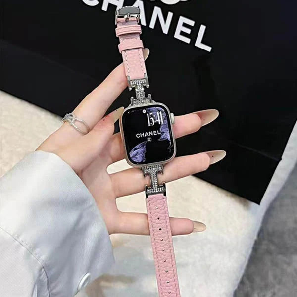 Metal diamond-studded H-mark leather strap