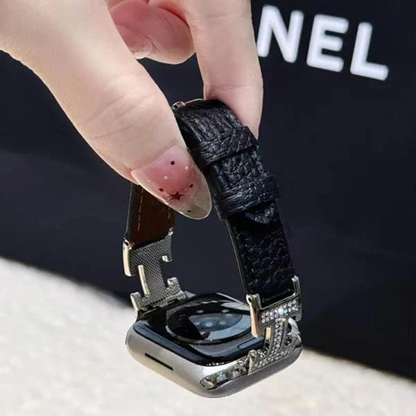 Metal diamond-studded H-mark leather strap