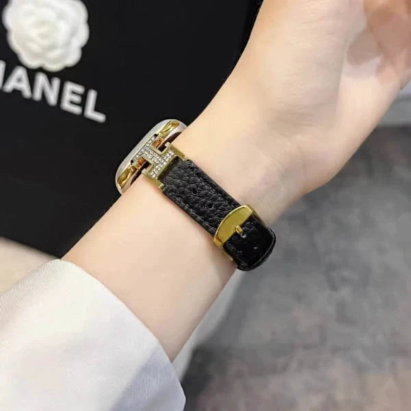 Metal diamond-studded H-mark leather strap