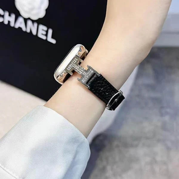 Metal diamond-studded H-mark leather strap
