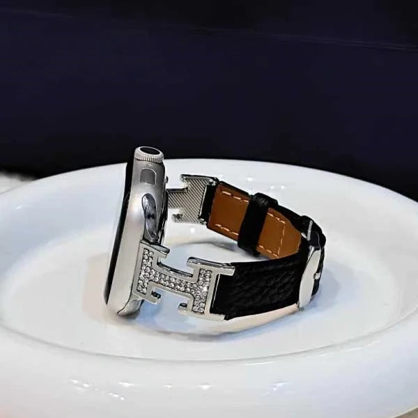 Metal diamond-studded H-mark leather strap