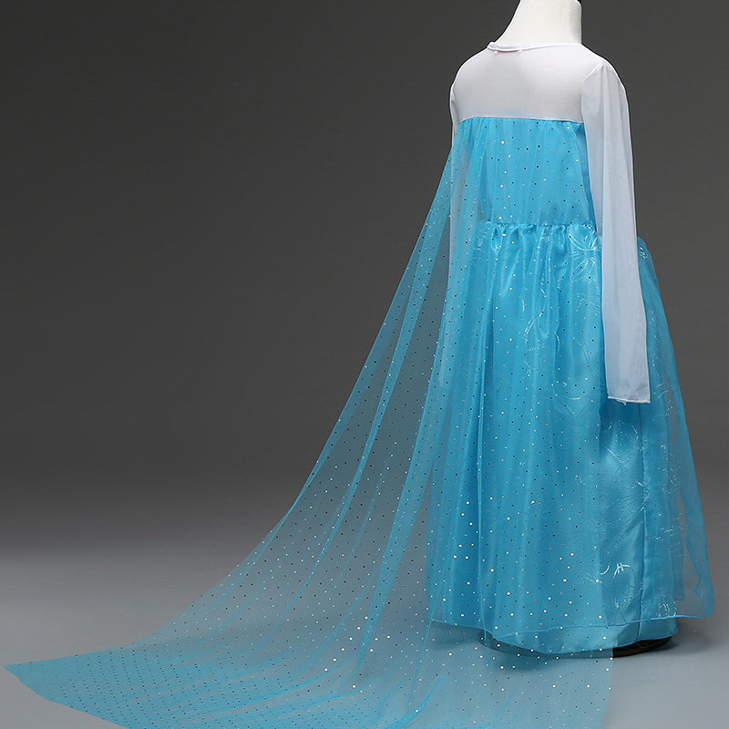 Frozen Elsa Princess Cosplay Girl Costume Dresses with Tailing Cape For Party Holiday Fancy Dress