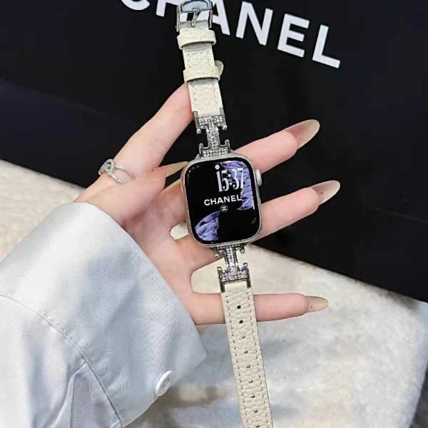 Metal diamond-studded H-mark leather strap