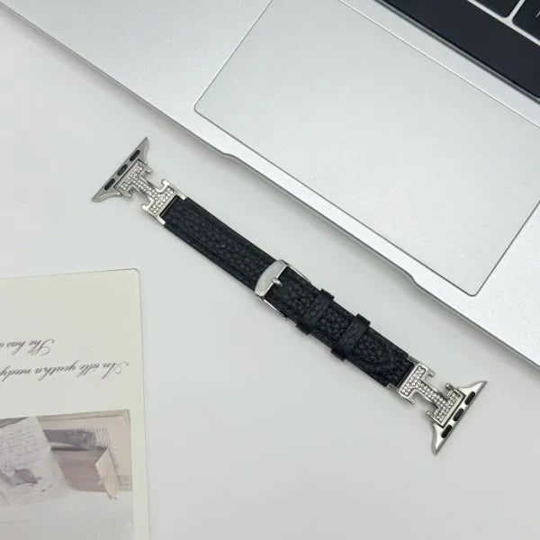 Metal diamond-studded H-mark leather strap