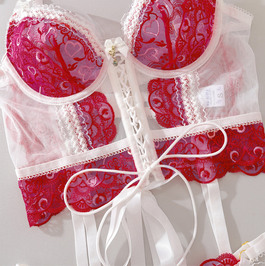 3-Piece Romantic Heart Embroidery Bustier Set