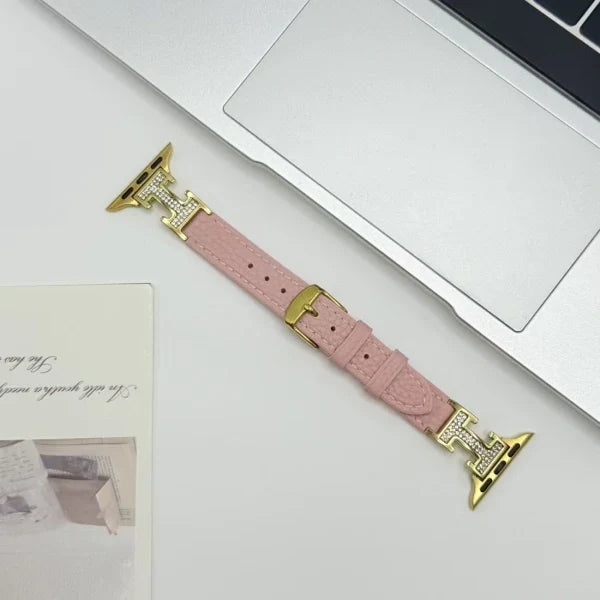 Metal diamond-studded H-mark leather strap