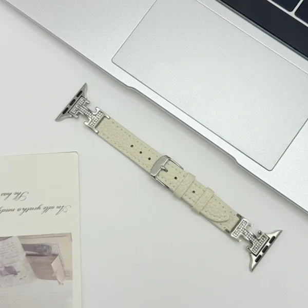 Metal diamond-studded H-mark leather strap