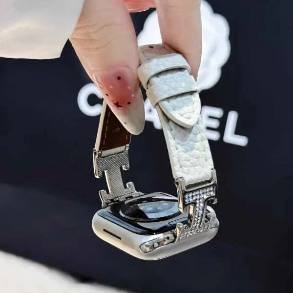 Metal diamond-studded H-mark leather strap