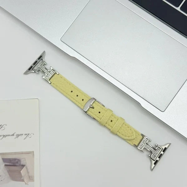 Metal diamond-studded H-mark leather strap
