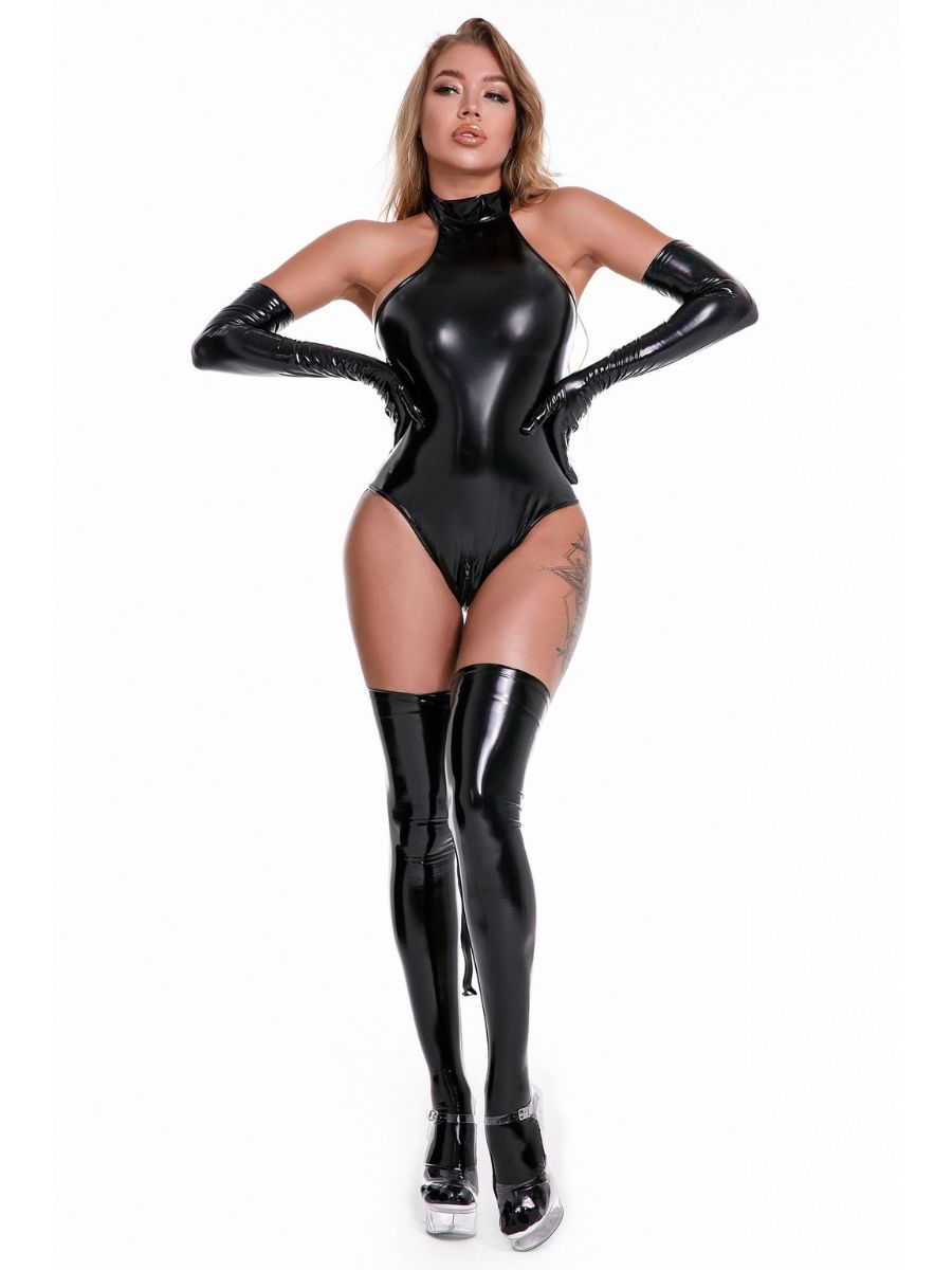 4-Piece Glossy Bodysuit Set with Leash