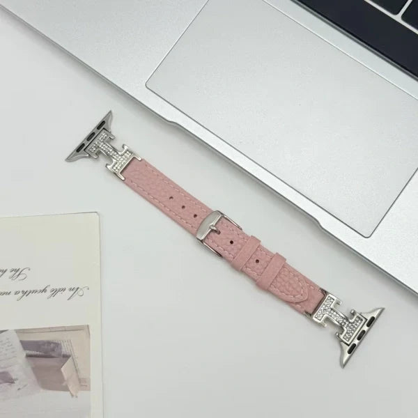 Metal diamond-studded H-mark leather strap