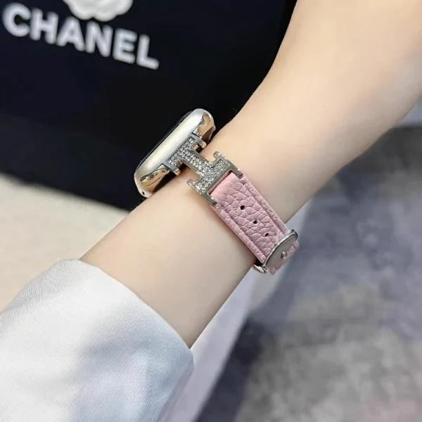 Metal diamond-studded H-mark leather strap