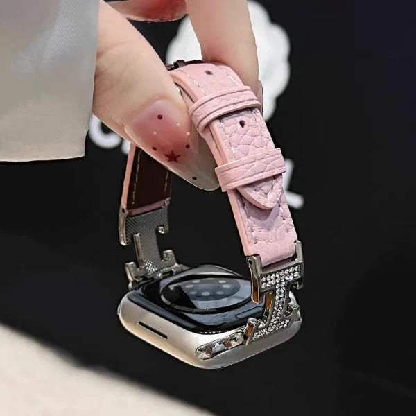 Metal diamond-studded H-mark leather strap