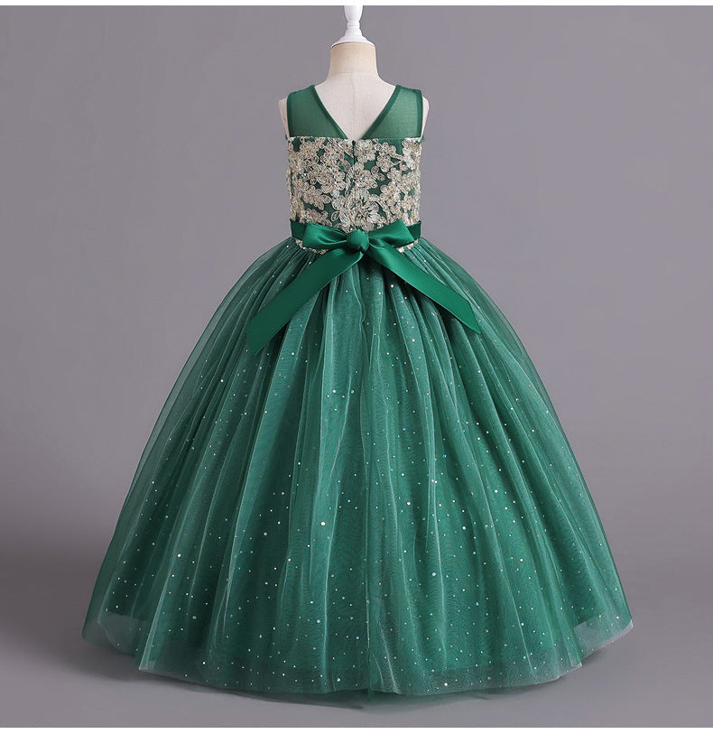 Flower Girl Dress Bow Wedding Dress Pearl Lace Sequins Princess Dress Birthday Costume Party Holiday