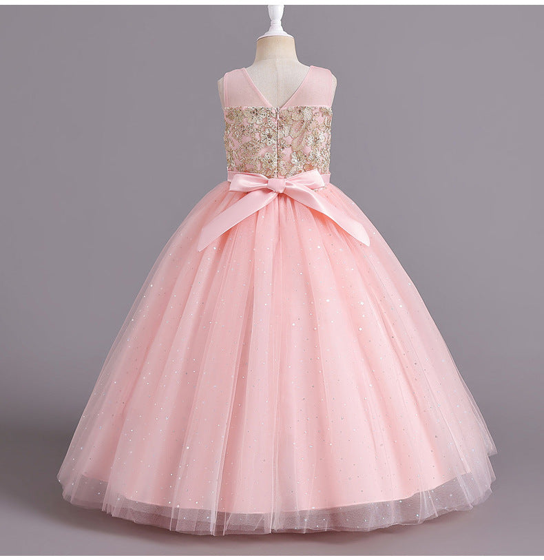 Flower Girl Dress Bow Wedding Dress Pearl Lace Sequins Princess Dress Birthday Costume Party Holiday