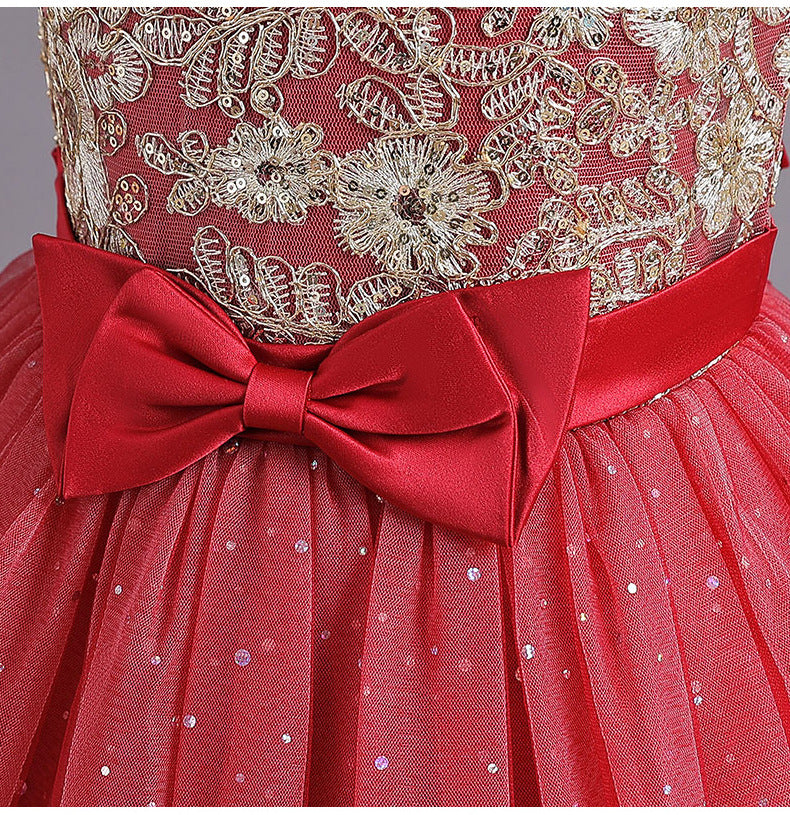 Flower Girl Dress Bow Wedding Dress Pearl Lace Sequins Princess Dress Birthday Costume Party Holiday