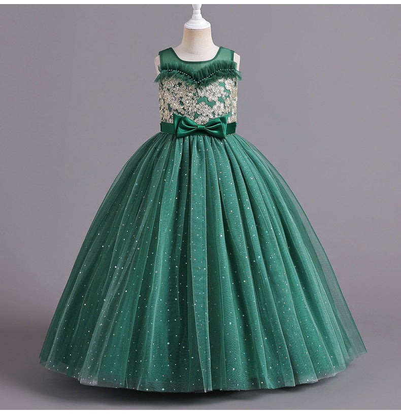 Flower Girl Dress Bow Wedding Dress Pearl Lace Sequins Princess Dress Birthday Costume Party Holiday