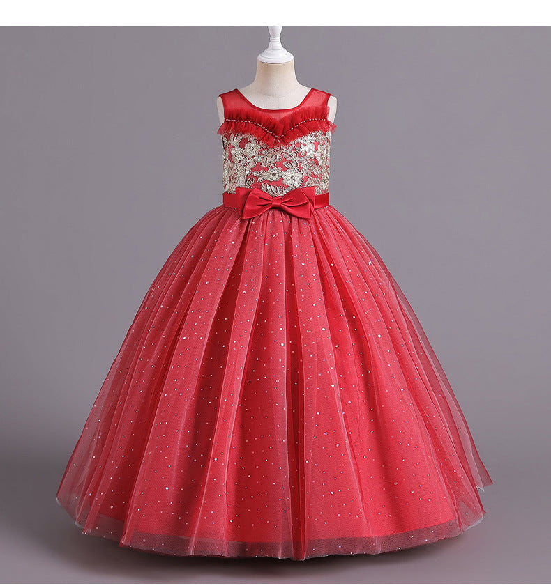 Flower Girl Dress Bow Wedding Dress Pearl Lace Sequins Princess Dress Birthday Costume Party Holiday