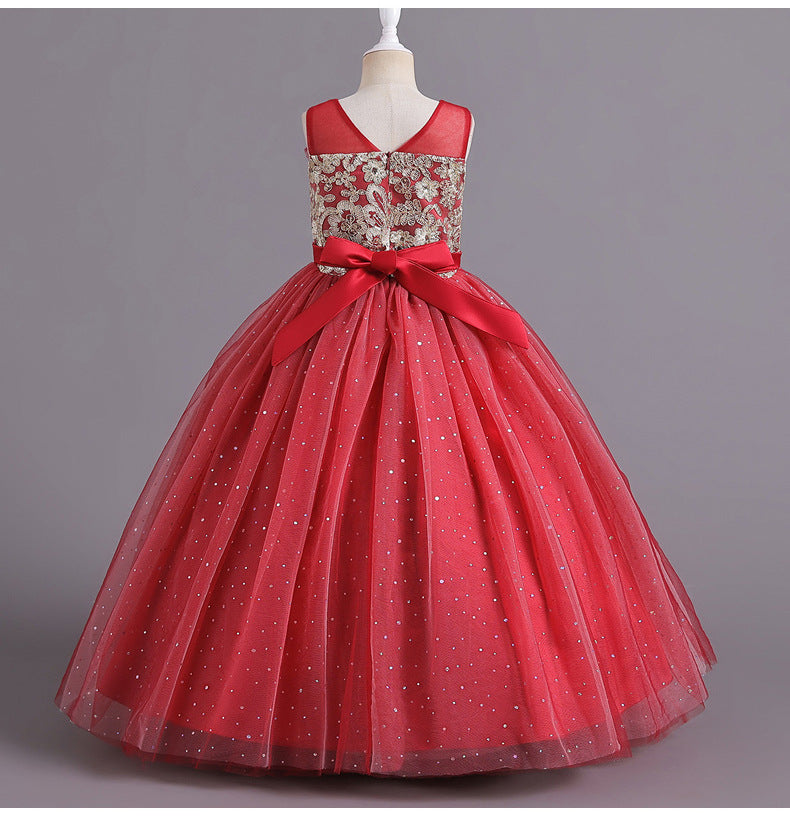 Flower Girl Dress Bow Wedding Dress Pearl Lace Sequins Princess Dress Birthday Costume Party Holiday