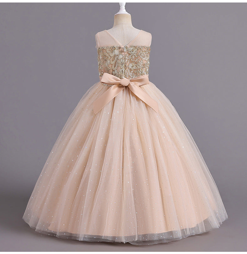 Flower Girl Dress Bow Wedding Dress Pearl Lace Sequins Princess Dress Birthday Costume Party Holiday