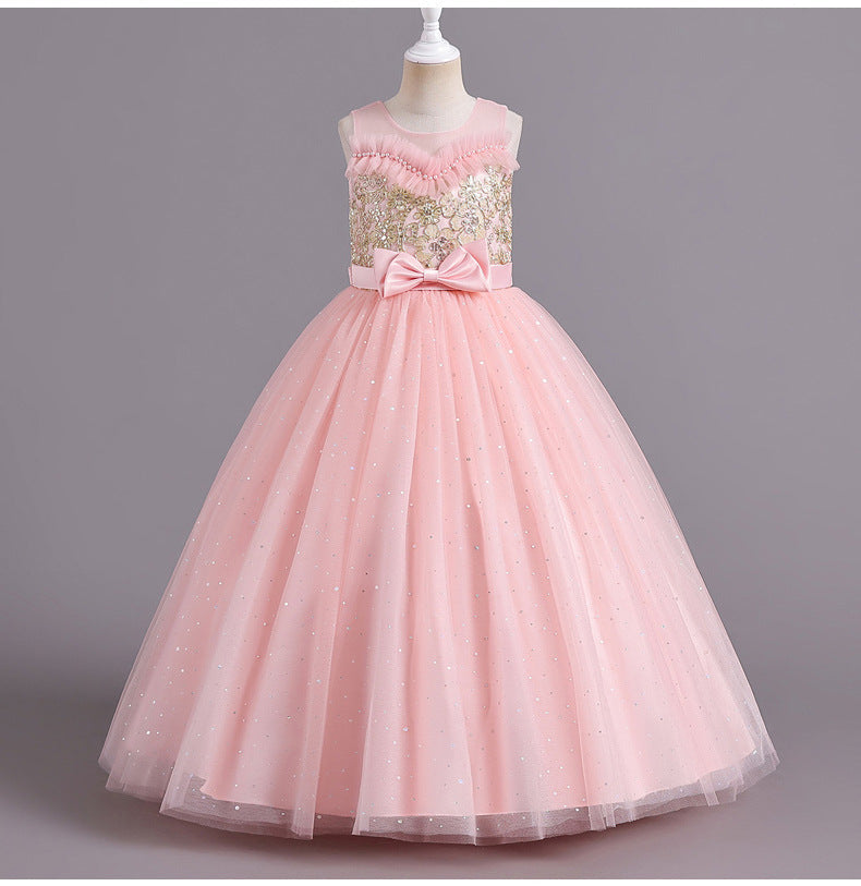 Flower Girl Dress Bow Wedding Dress Pearl Lace Sequins Princess Dress Birthday Costume Party Holiday