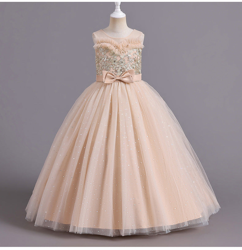 Flower Girl Dress Bow Wedding Dress Pearl Lace Sequins Princess Dress Birthday Costume Party Holiday