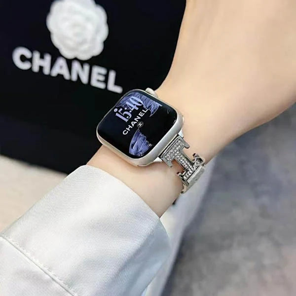 Metal diamond-studded H-mark leather strap