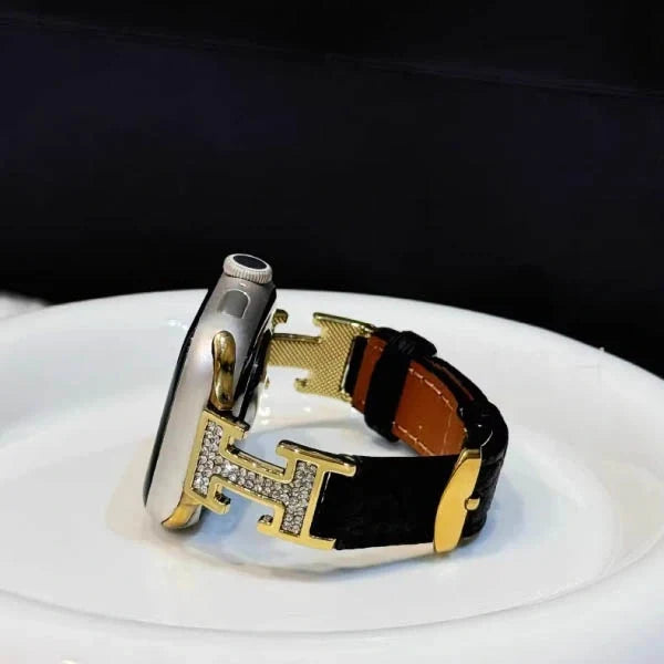 Metal diamond-studded H-mark leather strap