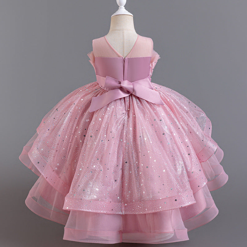 Flower Girl Dress Bow Trailing Wedding Dress Lace Pearl Princess Dress Birthday Costume Party Holiday